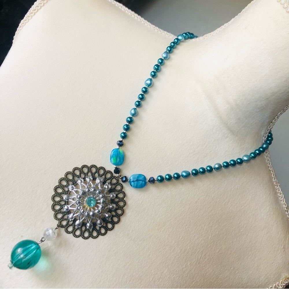 Handcrafted repurpose peacock freshwater filigree Czech glass Pearl necklace